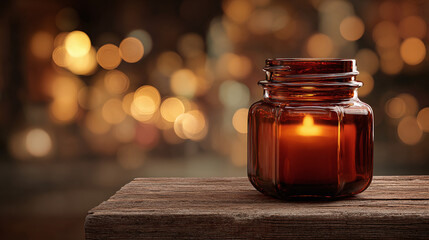 A lit candle in a decorative jar on a wooden surface, with a bokeh background of lights. Evoking a sense of warmth and tranquility.