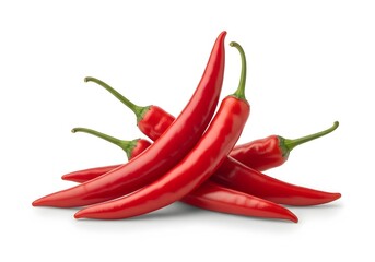 A vibrant stack of red chili peppers isolated on white background, showcasing their glossy texture and curved shapes, perfect for culinary or spicy food themes