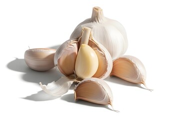 Closeup of fresh garlic cloves and bulb isolated on white background, showcasing its culinary and health benefits with natural textures