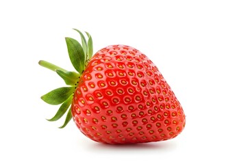 Closeup of a vibrant red strawberry with fresh green leaves, isolated on white background, showcasing its juicy texture and natural beauty