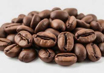 Closeup of roasted coffee beans isolated on white background, showcasing their rich brown color and intricate texture, perfect for coffee lovers