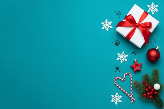 A beautifully wrapped Christmas gift with a red bow surrounded by ornaments, candy canes and fir branches on a blue background creating a festive holiday scene for Christmas and New Year. - Powered by Adobe