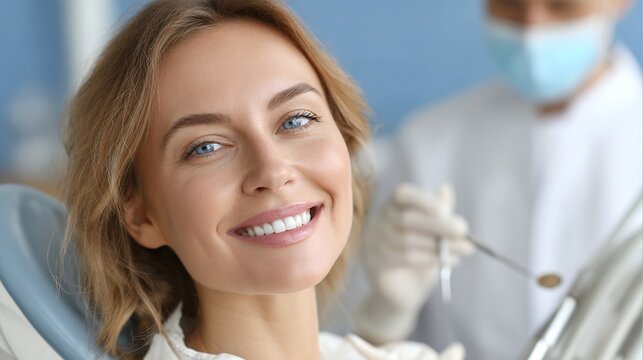 Dental assistant conducts exam for smiling patient in clinic - Powered by Adobe