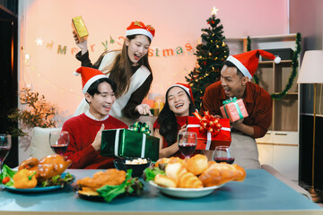 drinks and conversation, social gathering and get together. group and gift exchange at the event, celebration at home.