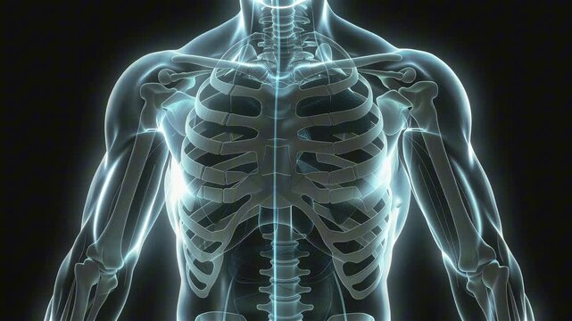 Holographic upper-torso anatomy glowing in cyan on a pure black background, with downward scanning slice planes and a subtle rotation revealing ribs, spine, and muscles in a clean clinical style.
