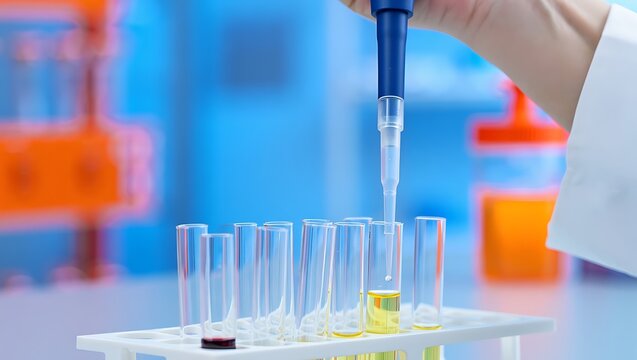 Blue liquid drips into a test tube as laboratory tools, glassware, and sterile equipment support scientific research, biotechnology testing, medical analysis, pharmaceutical experiments.
