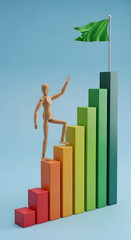 グラフの階段を登り業績アップを目指すデッサン人形