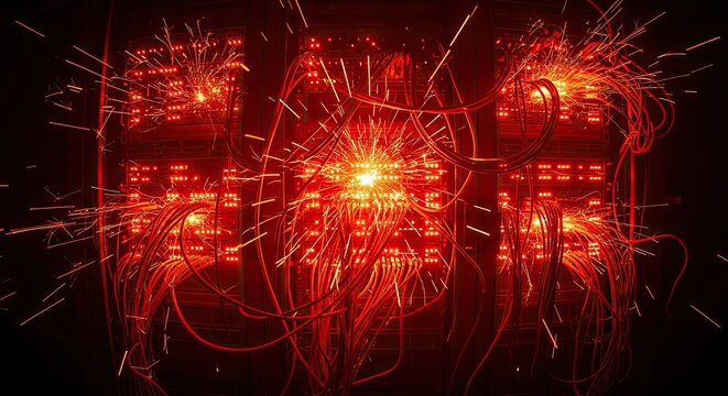 Abstract Red Energy Burst with Glowing Lights and Sparks.