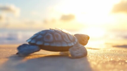 Baby sea turtle on sandy beach heading towards ocean sunset background
