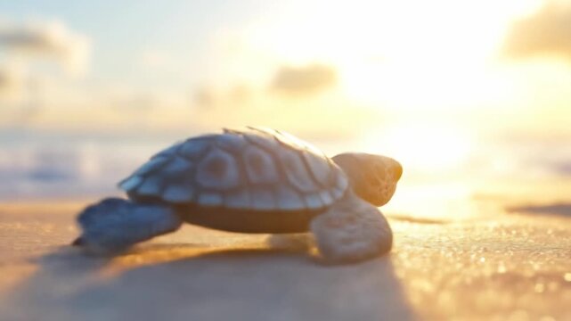 Baby sea turtle on sandy beach heading towards ocean sunset background
