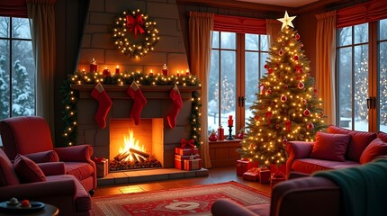 Fototapeta premium Cozy christmas living room with fireplace and decorated tree