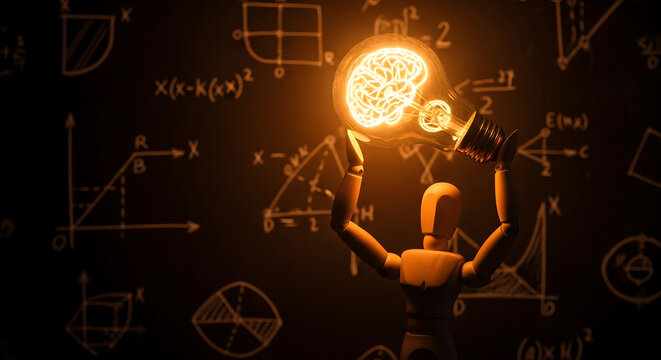 電球を掲げてアイデアとひらめきを表現するデッサン人形