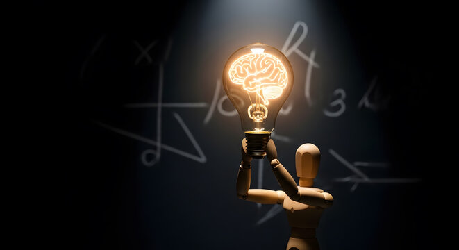 電球を掲げてアイデアとひらめきを表現するデッサン人形