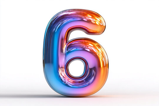 Glossy holographic number six 6 isolated on white background - Powered by Adobe