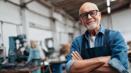 In a well-lit workshop, an experienced craftsman stands proudly with crossed arms. His smile reflects years of skill, surrounded by tools and machinery, embodying dedication to his craft