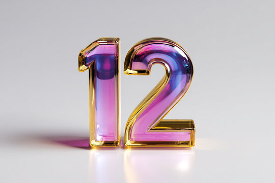 Glossy holographic number twelve 12 isolated on grey background