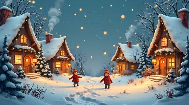 Cozy winter village scene with children playing in the snow - Powered by Adobe