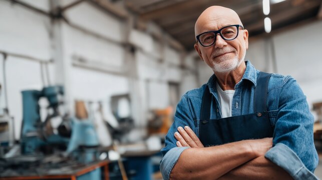 In a well-lit workshop, an experienced craftsman stands proudly with crossed arms. His smile reflects years of skill, surrounded by tools and machinery, embodying dedication to his craft