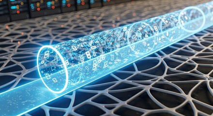 Digital data transmission through a fiber optic cable, technology concept.
