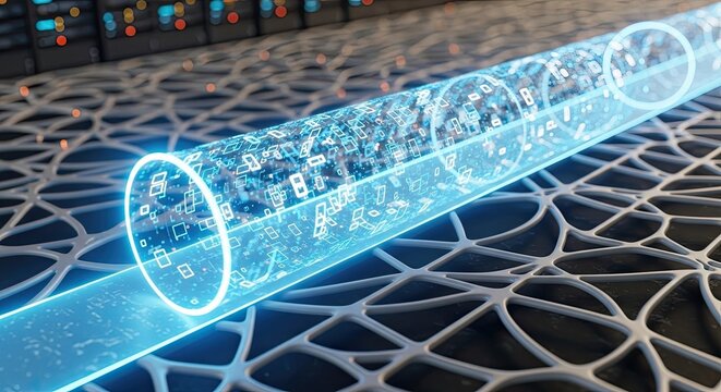 Digital data transmission through a fiber optic cable, technology concept.