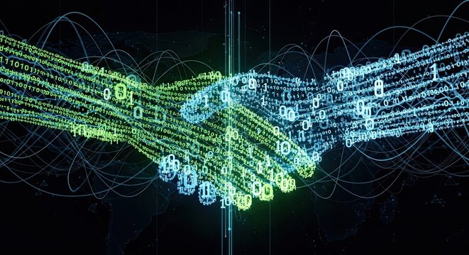 Digital handshake representing technology and business partnership.