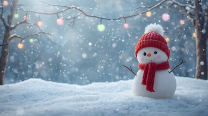 Fototapeta premium Cute snowman wearing a red hat and scarf in a snowy forest with festive lights