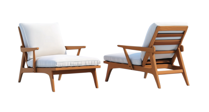 Two wooden lounge chairs with white cushions isolated on a transparent background
