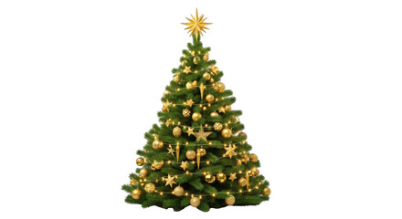 Decorated christmas tree with star topper isolated on transparent background