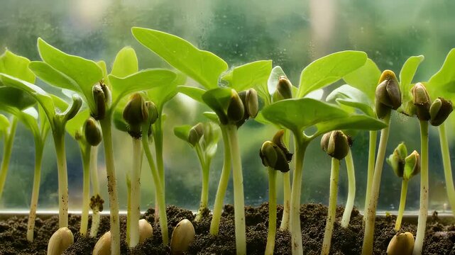 A close-up view of numerous vibrant green seedlings sprouting from dark soil by a window, symbolizing new growth and life.
