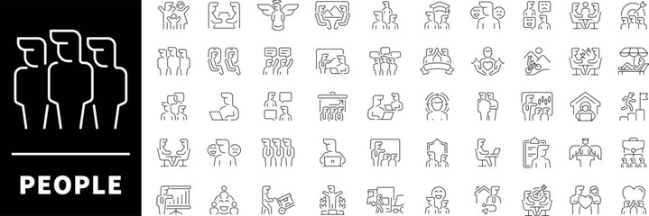 People vector icons collection. Thin line icons related to people and society. People society thin line style icons. Person, individual, community, society, population, group of people