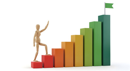 グラフの階段を登り業績アップを目指すデッサン人形