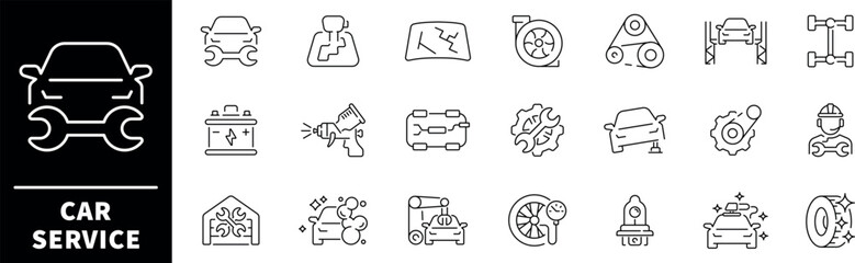 Car service vector icons. Auto service, car repair icon set. Car service and garage. Car service, garage, repair, station, vehicle, service related thin line icon collection. Editable stroke