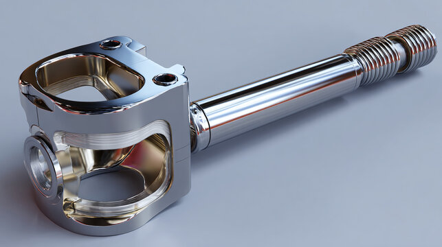 A detailed view of a shiny, metallic bicycle part, highlighting its intricate design and precision engineering
