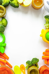 cooking vegetable puree for baby on white background top view