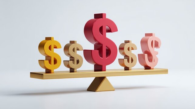 Golden dollar and euro currency signs on a scale symbolizing financial market investment and success