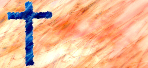 dark blue cross with ragged edges on blurred, bright orange background