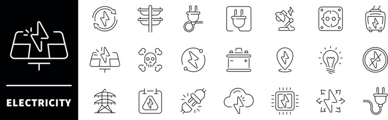 Electricity icons. Electric energy vector icon set. Energy, electrical energy, electricity related thin line icon collection. Editable stroke