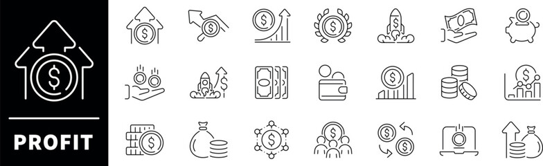 Profit vector icons. Income, profit Icon Set. Income, earnings, finance, money, investment, profit related thin line icon collection. Editable stroke