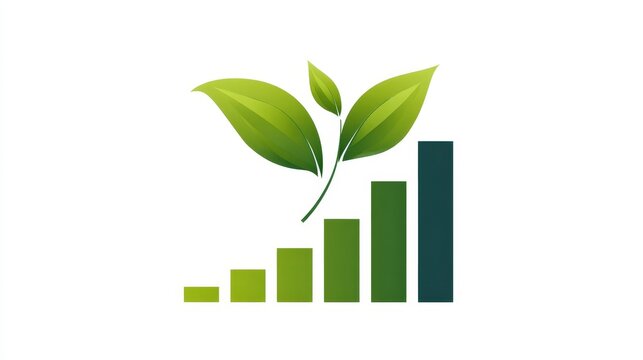 Eco business growth concept with a chart, green arrow, and natural leaf icon