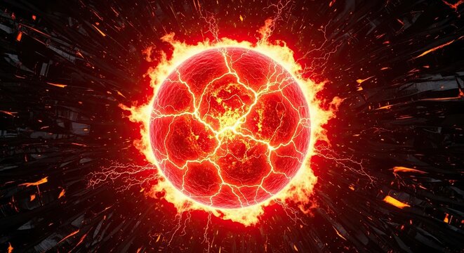 Fiery Red Sphere with Cracks and Explosive Energy on a Dark Background.