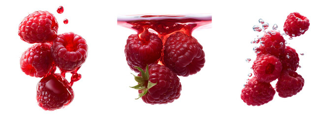 Fresh raspberries with red juice isolated.