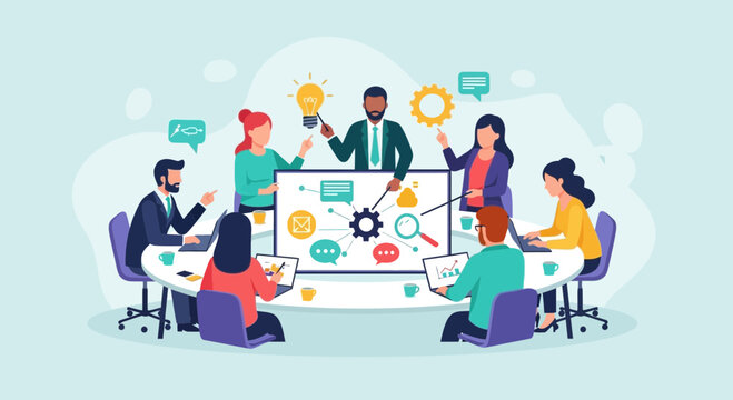 Diverse team collaborating on strategic planning with brainstorming ideas and solutions