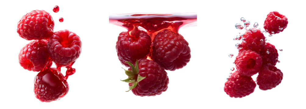 Fresh raspberries with red juice isolated.