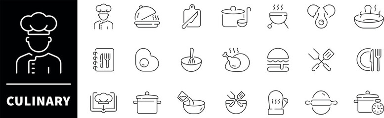 Culinary food making vector outline icon set. Cooking and kitchen tools set