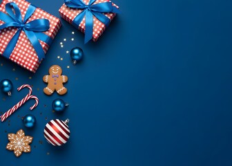 A festive arrangement of wrapped gifts with blue ribbons, gingerbread man, cookies and candy canes on a blue background. Christmas and New Year celebration and warm holiday.