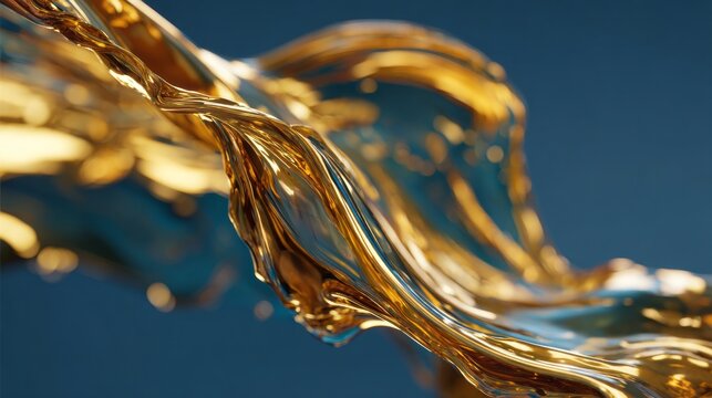 A gold and blue wave with a shiny, reflective surface. The wave is flowing and he is made of liquid