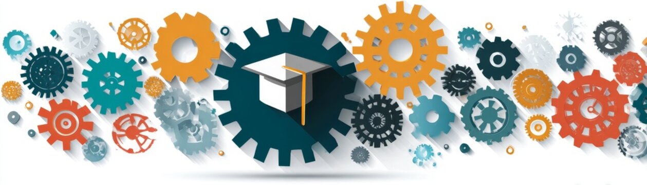 Abstract colorful background with a circle of world flags, featuring a conceptual cogwheel vector design for global business technology and engineering