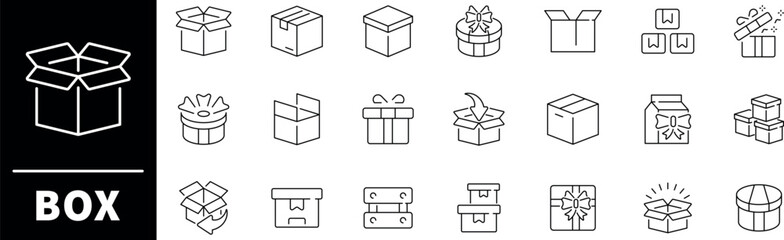 Box wrapped for gift vector outline icon set. Present and surprise packaging icons