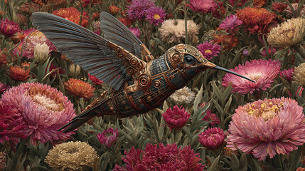 Obraz premium A hummingbird gracefully hovering among a vibrant array of colorful flowers, with its wings spread in mid-flight