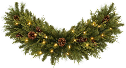 Festive green christmas garland with pinecones and lights isolated on transparent background
